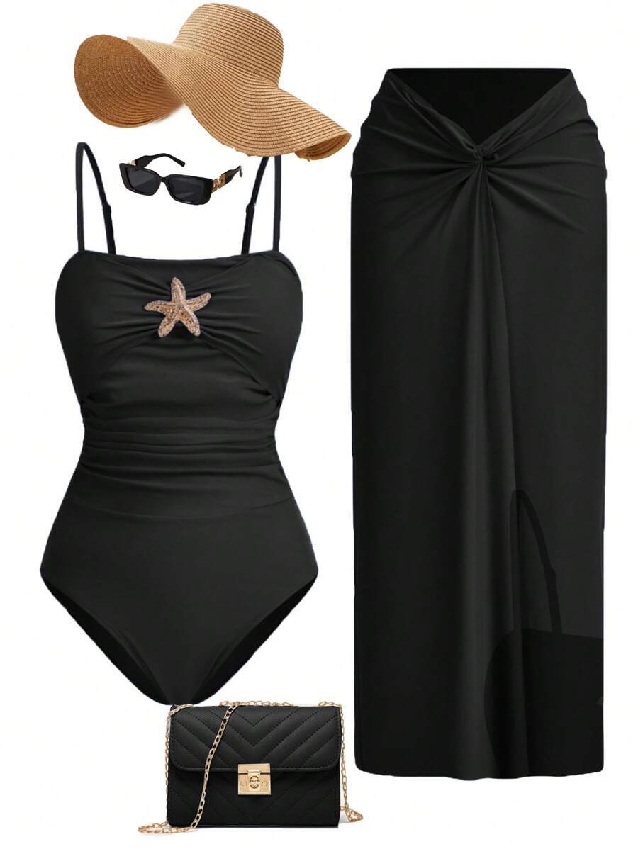 レディース 水着 ワンピース レディースワンピース水着、フリルヒトデ装飾、スイムカバーアップスカート付き、ホリデー向け拍卖