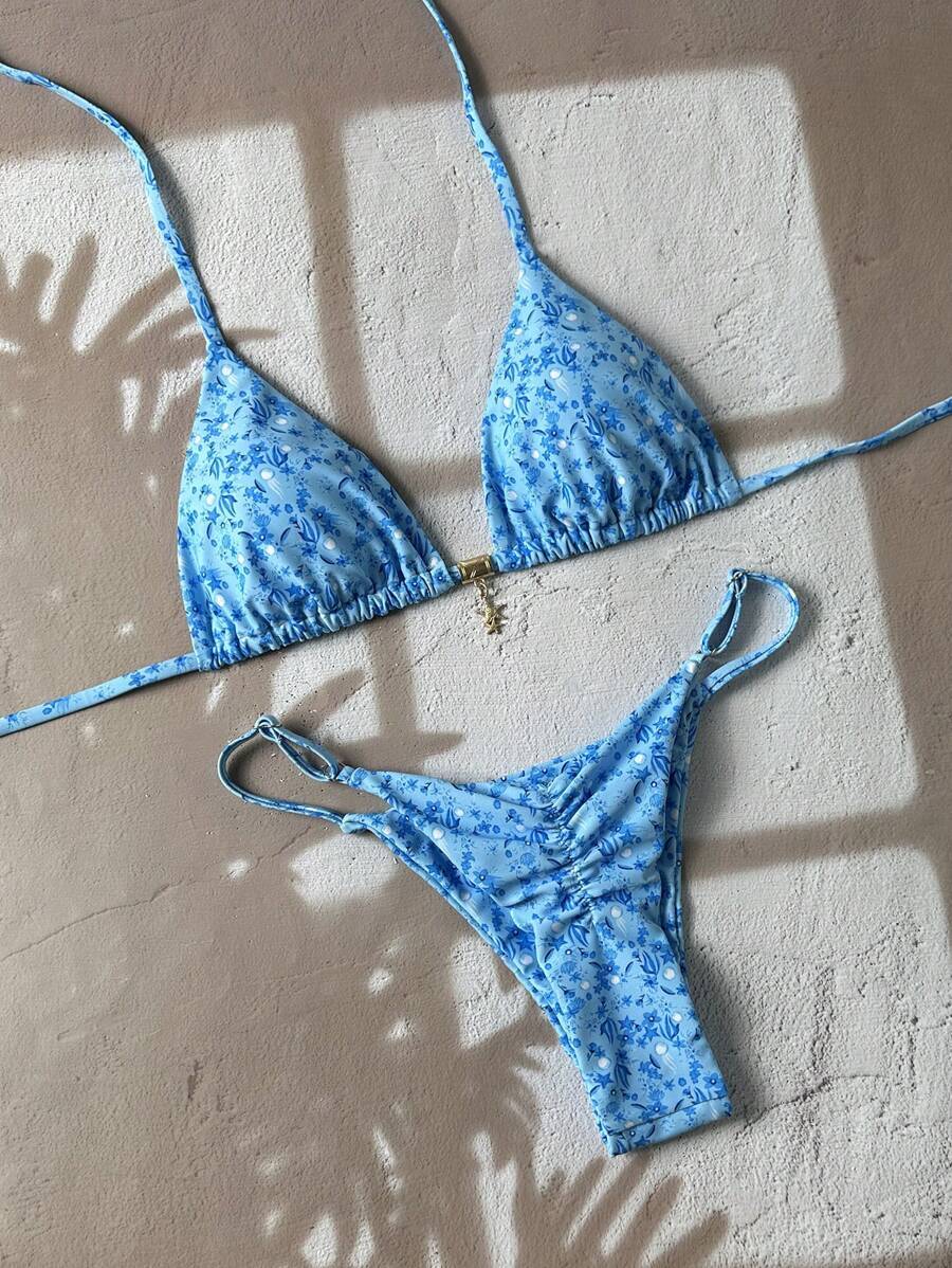 レディース 水着 ビキニセット ビーチ向けレディース サマーアウトフィット2ピース セット、ランダムフラワープリント スパゲッティ拍卖