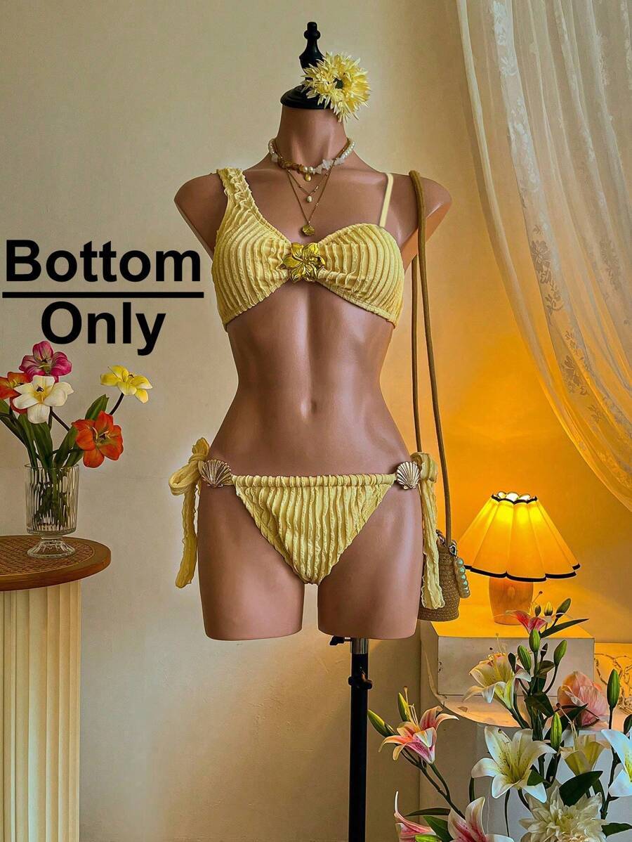 レディース 水着 ボトムス サイド調整可能 シェルメタルデコレーション ジャカード素材 イエロービーチビキニボトム拍卖