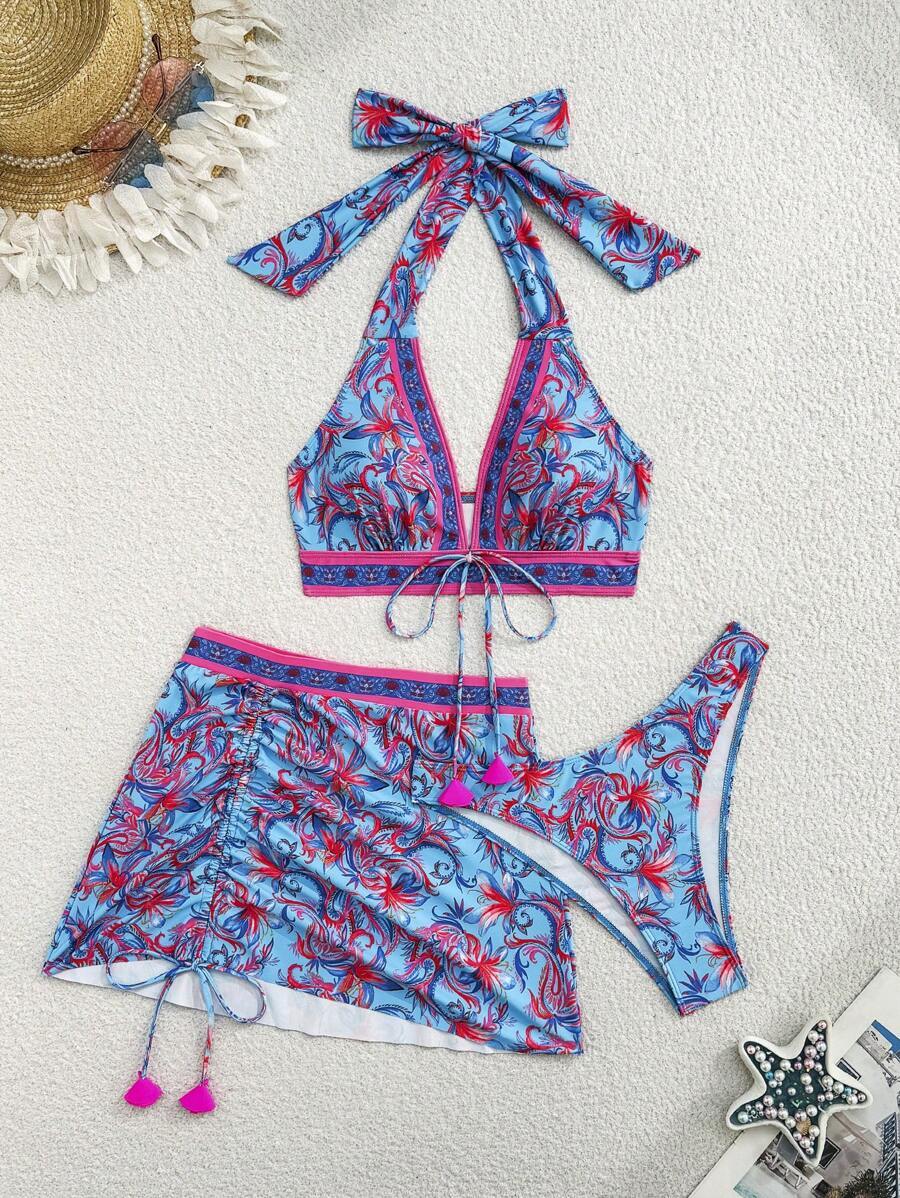レディース 水着 ビキニセット ランダムフローラルプリント ネック紐付き パッド入りトップ&ドロストウエストスカート ビキニ水着拍卖