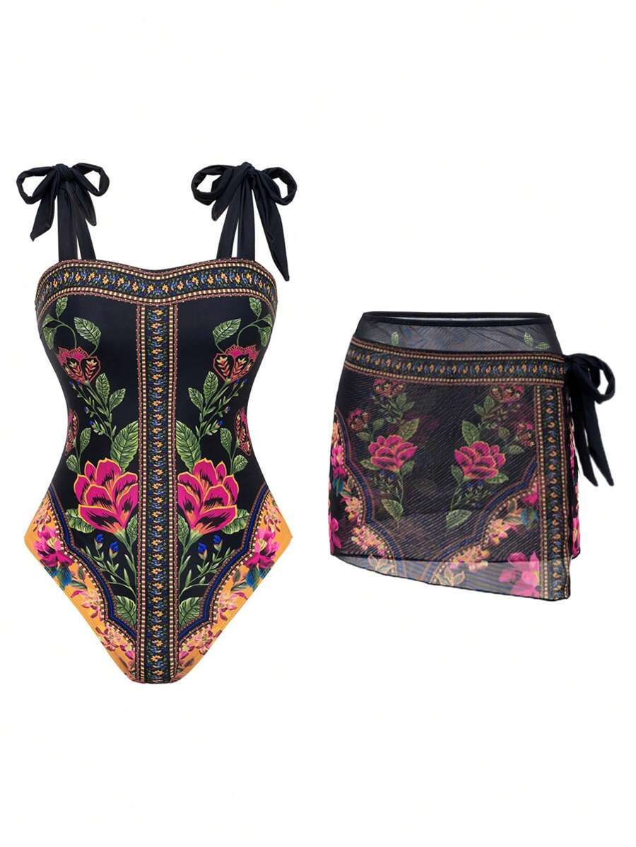 レディース 水着 ワンピース 女性用夏新作 プラントプリントショルダータイフロントワンピース水着&プラントプリントサイドタイスカー拍卖