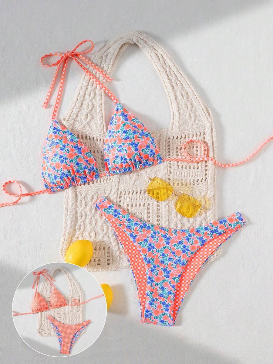 レディース 水着 ビキニセット 春の女性用 キュートでセクシーなプリント両面ビキニセット、サイドタイスイムショーツ、調整可能な2点拍卖