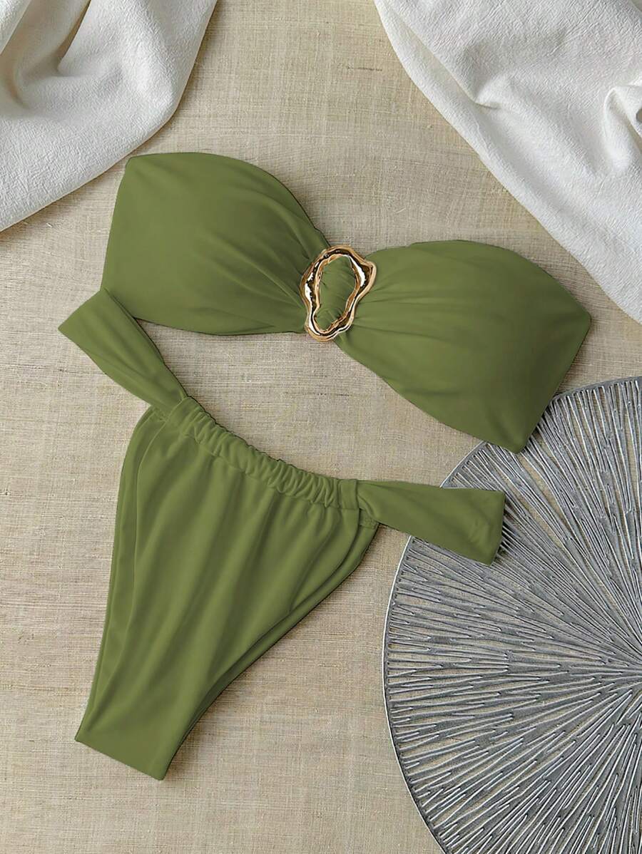 レディース 水着 ビキニセット スプリングブレイク レディース 無地ストラップレス メタルデコレーション バックビキニセット セク拍卖