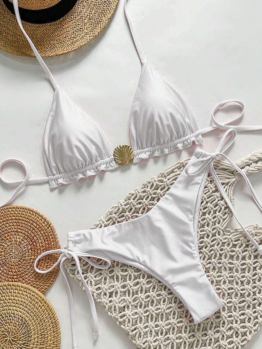 レディース 水着 ビキニセット スプリングブレイク レディース夏 無地 スパゲティストラップ メタルシェル装飾 サイドタイ ミニマ拍卖