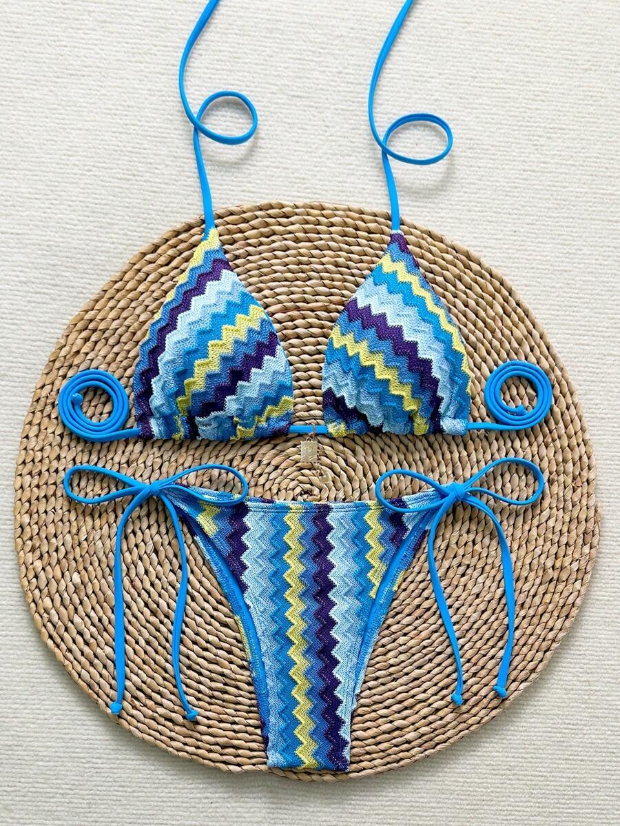 レディース 水着 ビキニセット レディースカラフル特殊素材ホルターネック スパゲッティ ストラップ トップ サイドタイ トライアン拍卖