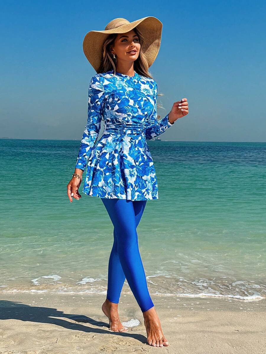 レディース 水着 ビキニセット 花柄プリント フルカバー 長袖マキシトップ プラス ソリッドカラーのパンツ バーキニ水着セット レ拍卖