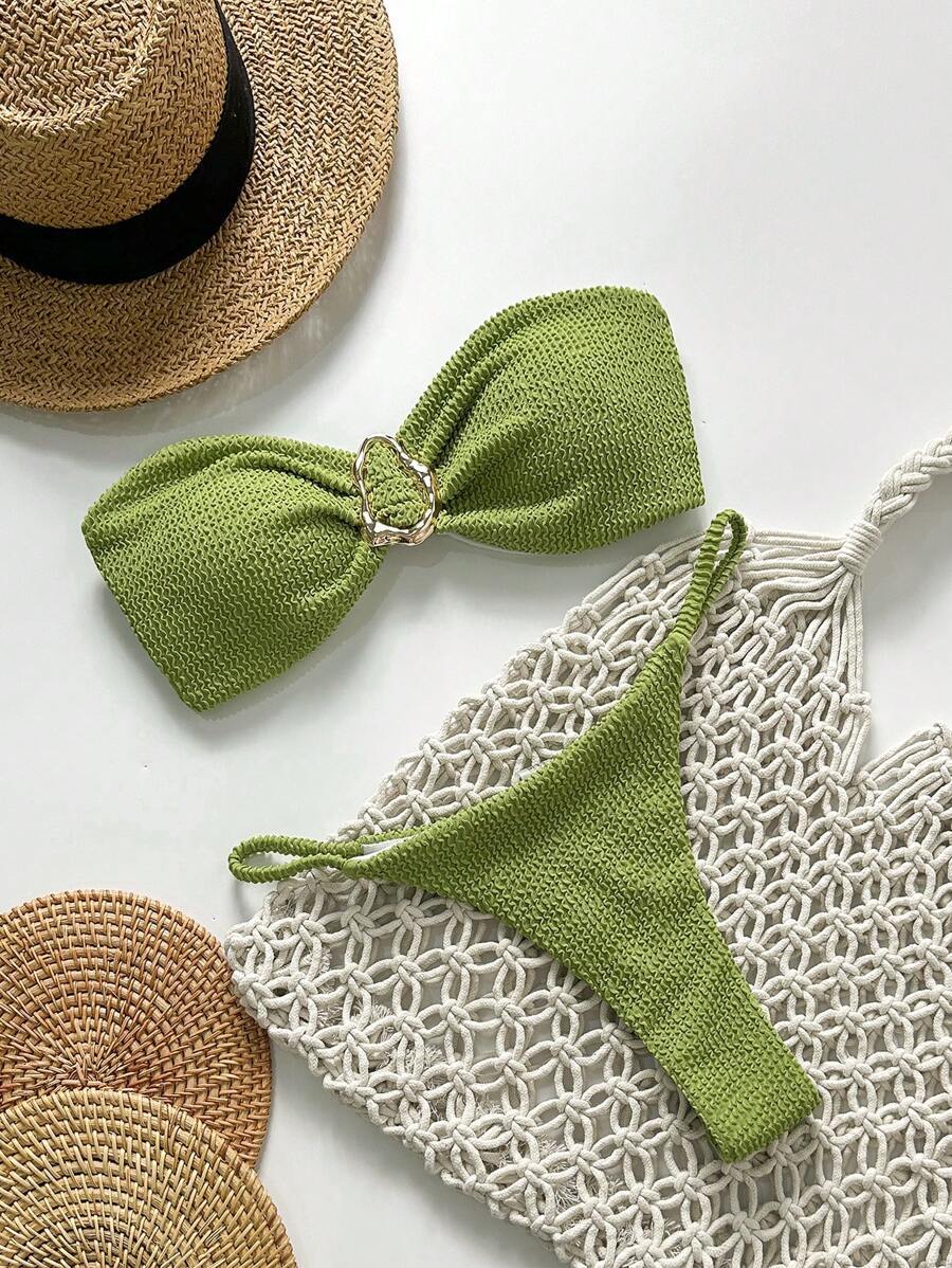 レディース 水着 ビキニセット 春休み レディース ビーチウェア 夏アウトフィット、無地柄ジャガード生地 ストラップレス金属装飾セ拍卖