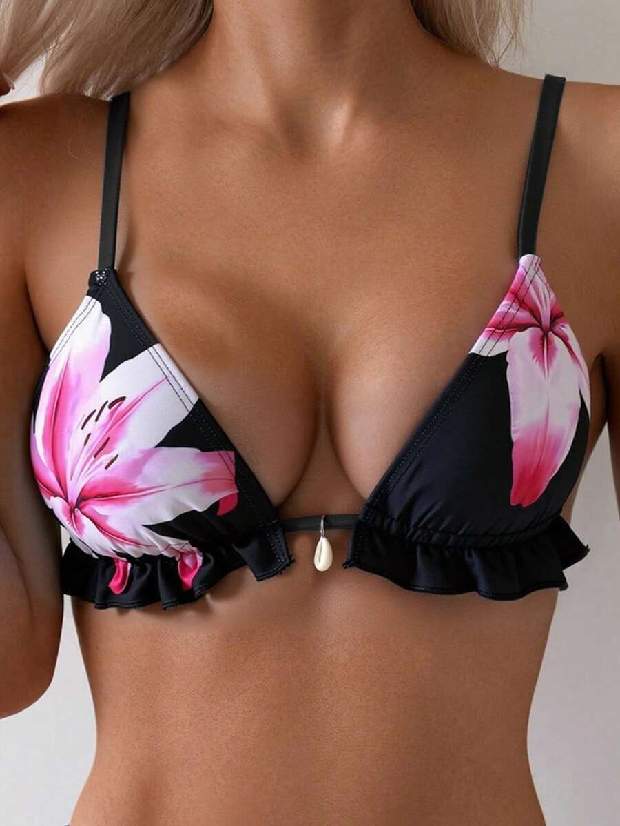 レディース 水着 トップス ロータス花柄 レディース水着 トップ、セクシーなホルターネック トライアングルビキニ拍卖