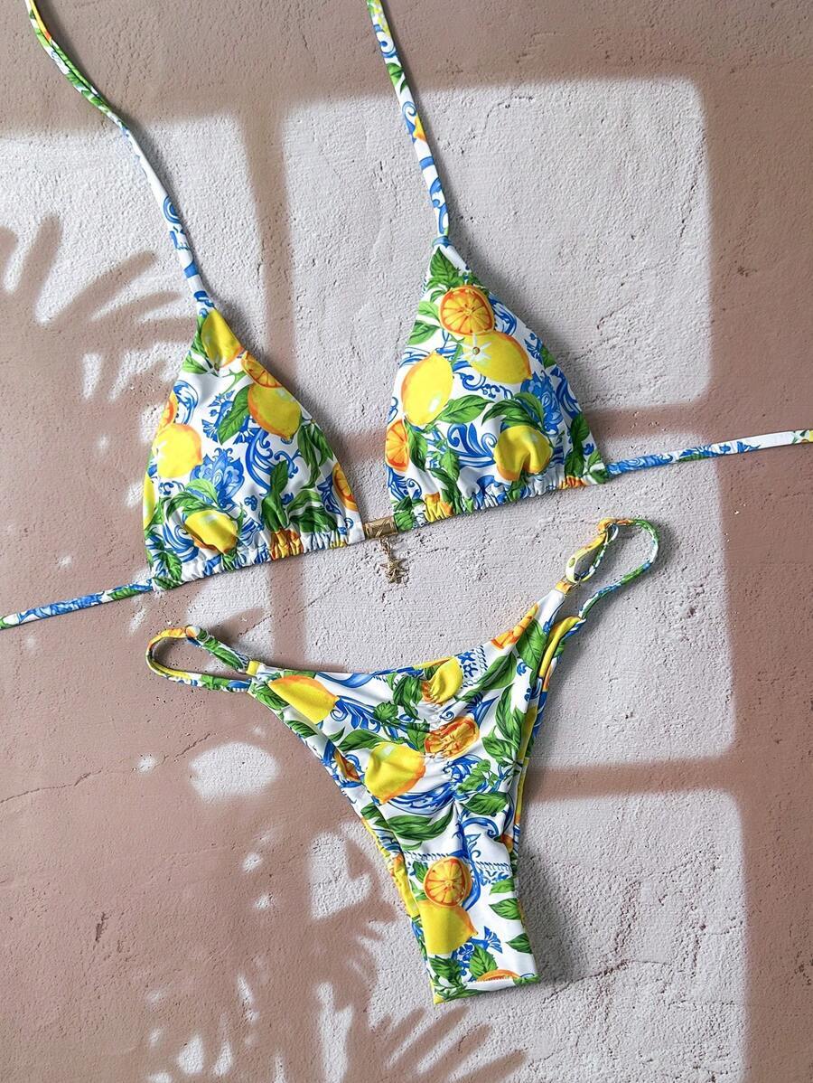 レディース 水着 ビキニセット レディースランダムプリントスパゲッティストラップセクシービキニセット、夏のビーチウェアアウトフィッ拍卖