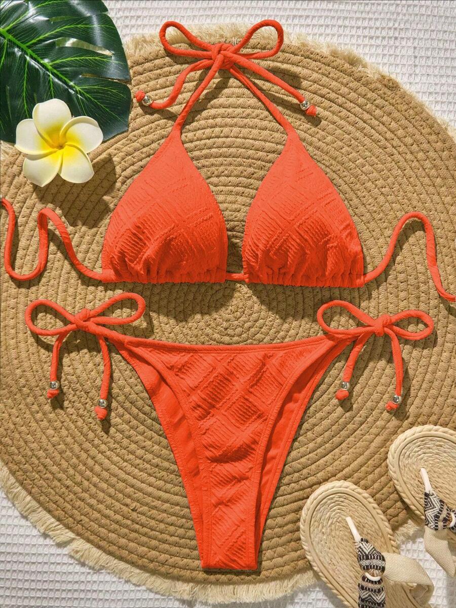 レディース 水着 ビキニセット 女性用夏ビーチ無地ホルターネックタイセクシービキニ水着セット拍卖