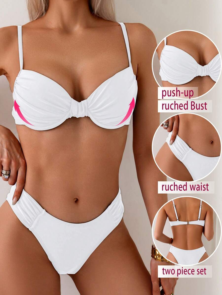 レディース 水着 ビキニセット 女性用 夏 単色 セクシープッシュアップ プリーツストラップ クロップトップとビキニボトムの2ピー拍卖