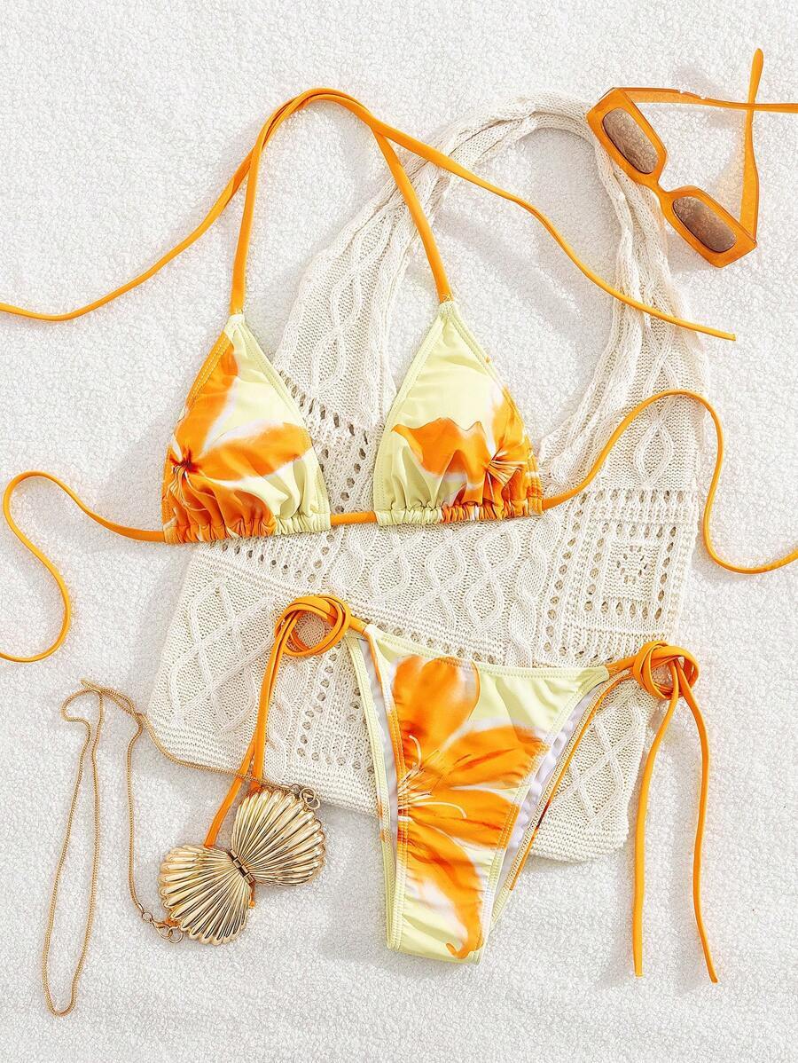 レディース 水着 ビキニセット 2枚セット 夏休み セクシー フローラル プリント ホルターネック トライアングルカップ サイド結拍卖