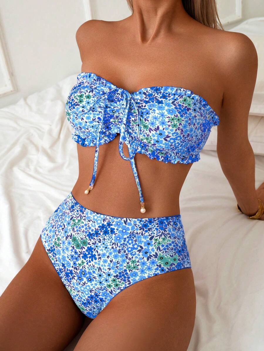 レディース 水着 ビキニセット ビーチ夏のレディースアウトフィット、新作かわいいドットフローラルフリル付きストラップレススイートド拍卖