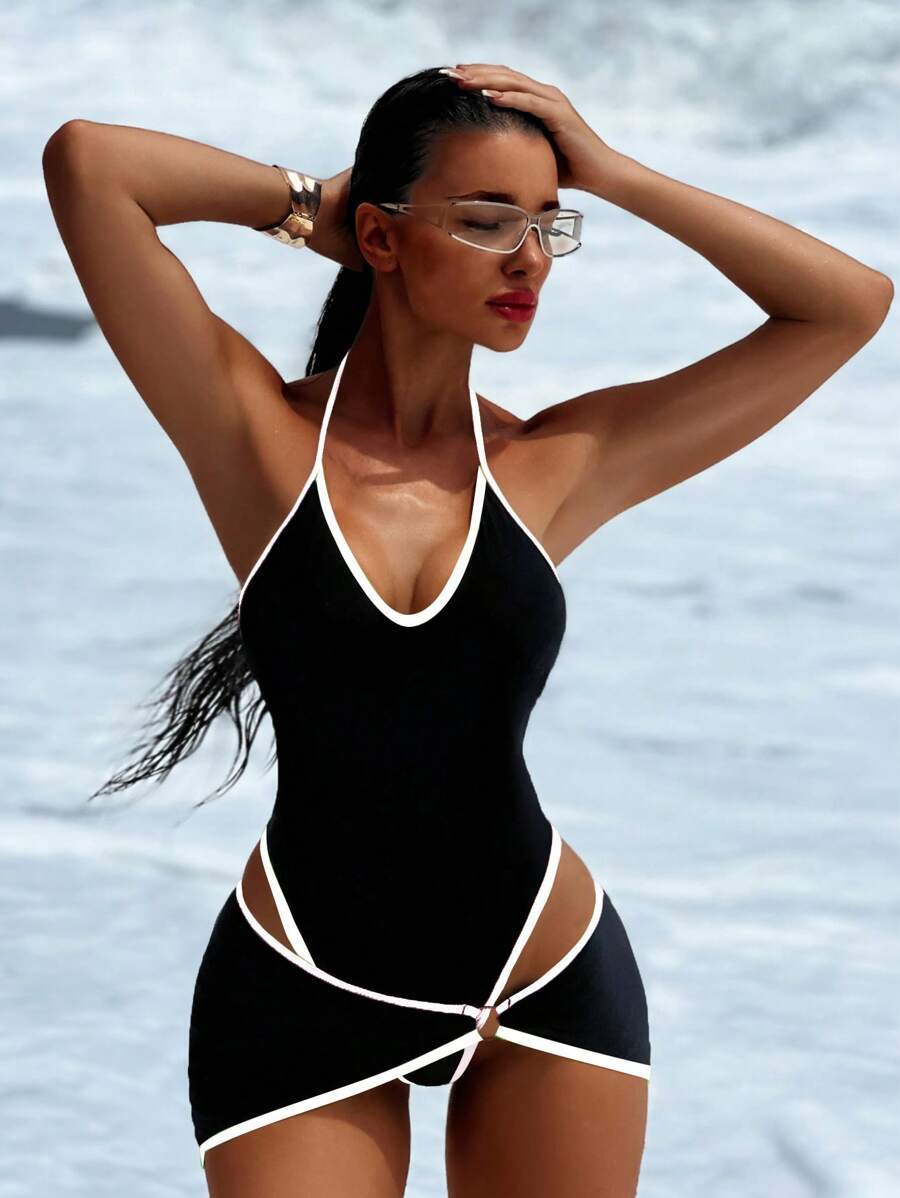 レディース 水着 ワンピース 2枚 レディースエレガントな無地スパゲッティストラップカラフルなトリミング一体型水着、夏用拍卖