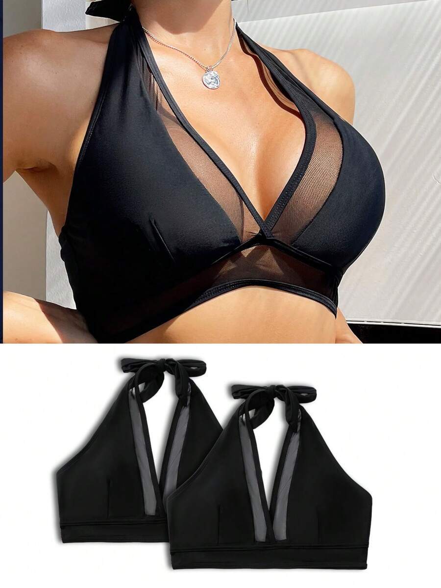 レディース 水着 トップス レディースソリッドカラー 2ピース水着、ホルターネック結び目トップ、セクシー夏水着拍卖