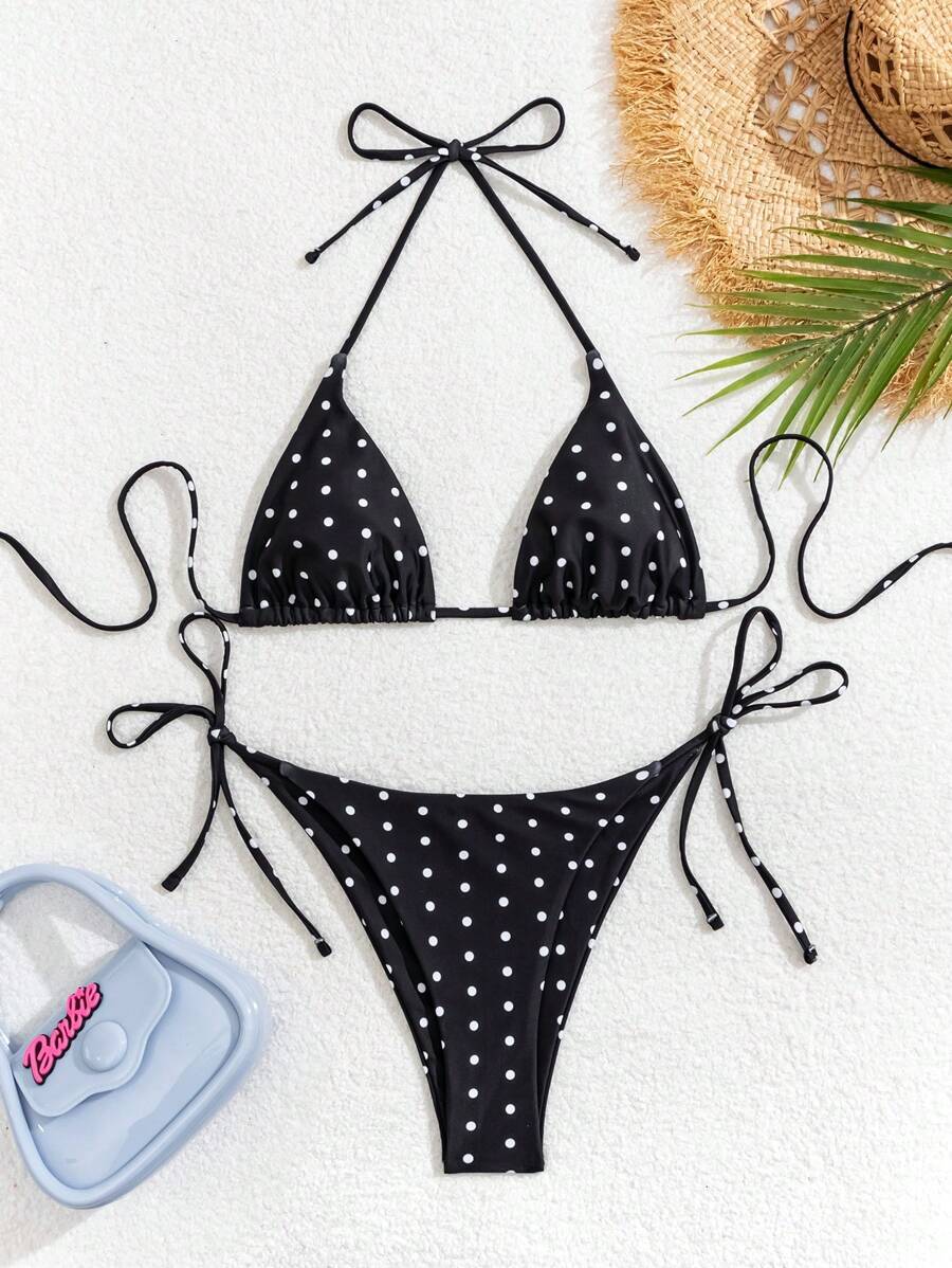 レディース 水着 ビキニセット レディース新作セクシーなホルターネック ローウエスト ブリーフ ブラック&ホワイトドットビキニセッ拍卖