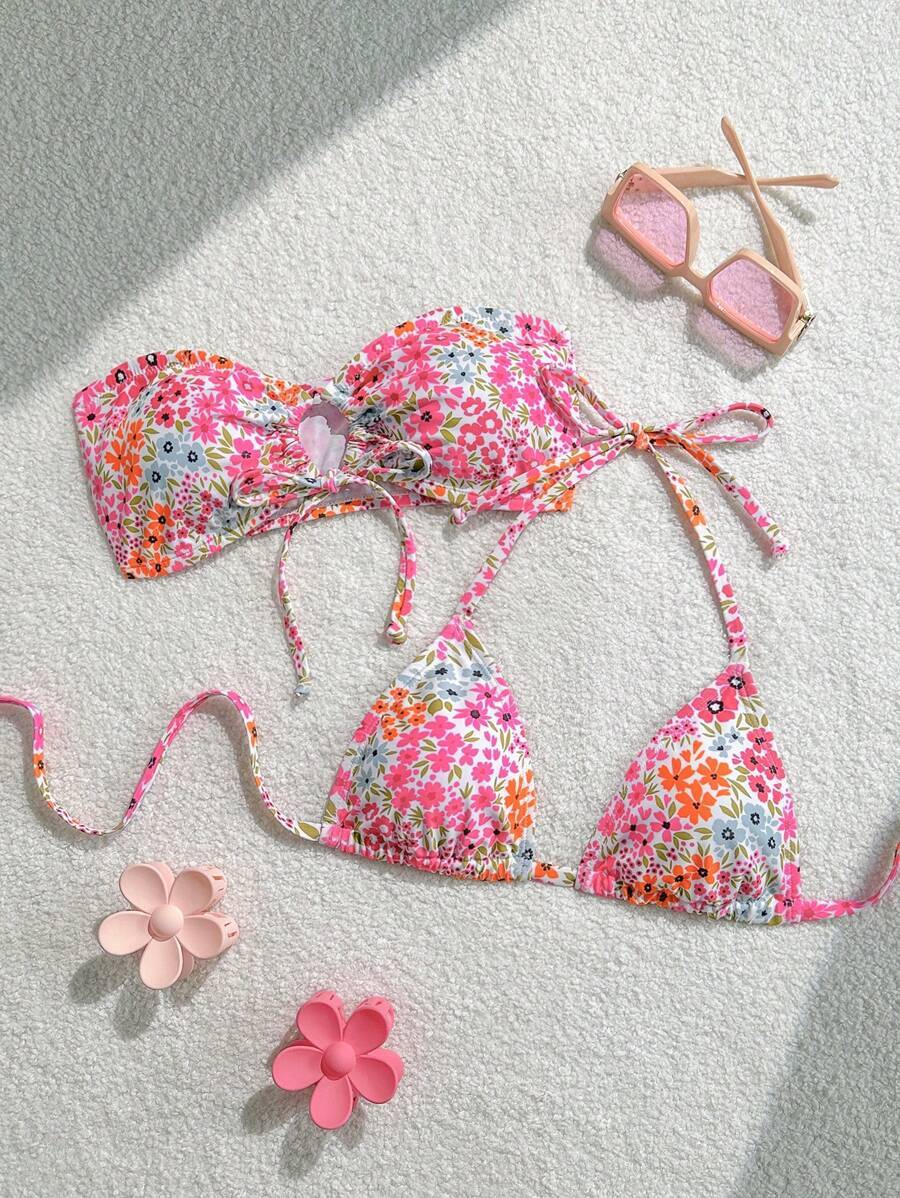 レディース 水着 トップス 女性用 夏 ビーチ ディジー フローラル ストラップレス&バンドゥビキニ トップ拍卖