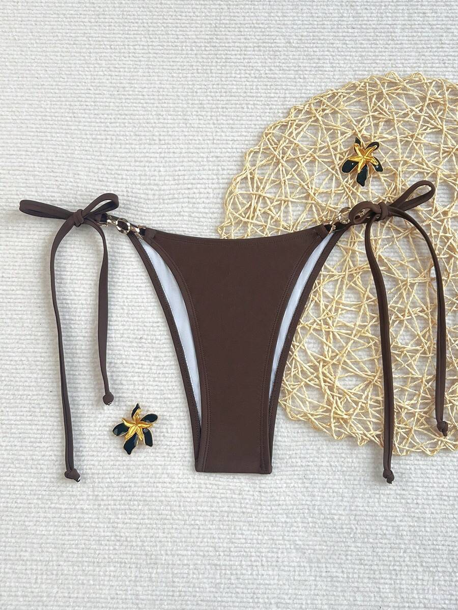 レディース 水着 ボトムス 女性用無地メタルデコ付きサイドビキニボトム拍卖