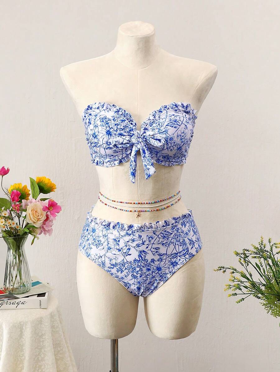 レディース 水着 ビキニセット 2枚セット レディース ヴィンテージ フローラル プリント ラッフル バンドゥビキニセット、ファッ拍卖