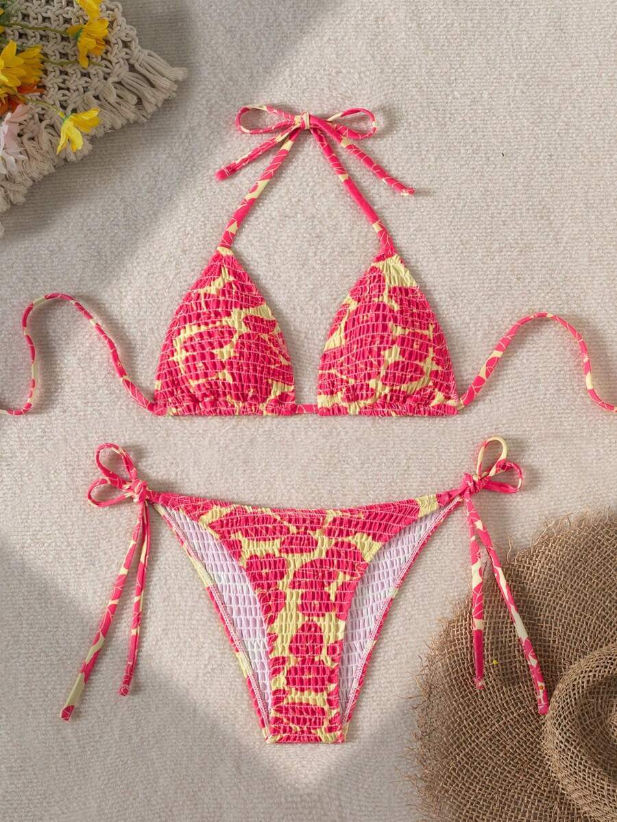 レディース 水着 ビキニセット レディース夏ビーチパターン ネック結び付きセクシーなビキニ水着セット、プリントランダムトライアング拍卖