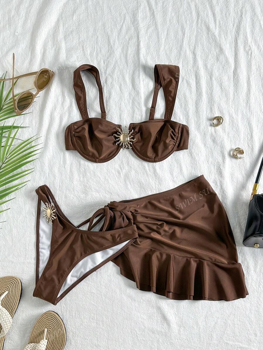レディース 水着 ビキニセット 3点セット ソリッドカラー ビキニ、幅広のストラップ&アンダーワイヤー設計で快適なサポート、ファッ拍卖
