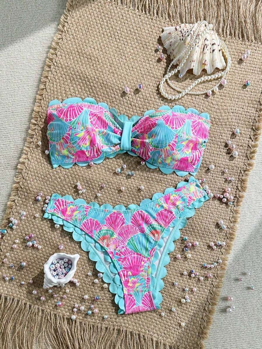 レディース 水着 ビキニセット 2025年新作 女性用 2点セット ランダムオールオーバープリント フリル バンドゥブラ&スイムボ拍卖