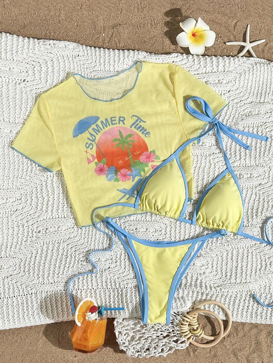 レディース 水着 ビキニセット 2025年新作 レディース プリント柄トライアングルビキニトップ メッシュパネル ビキニセット、カ拍卖