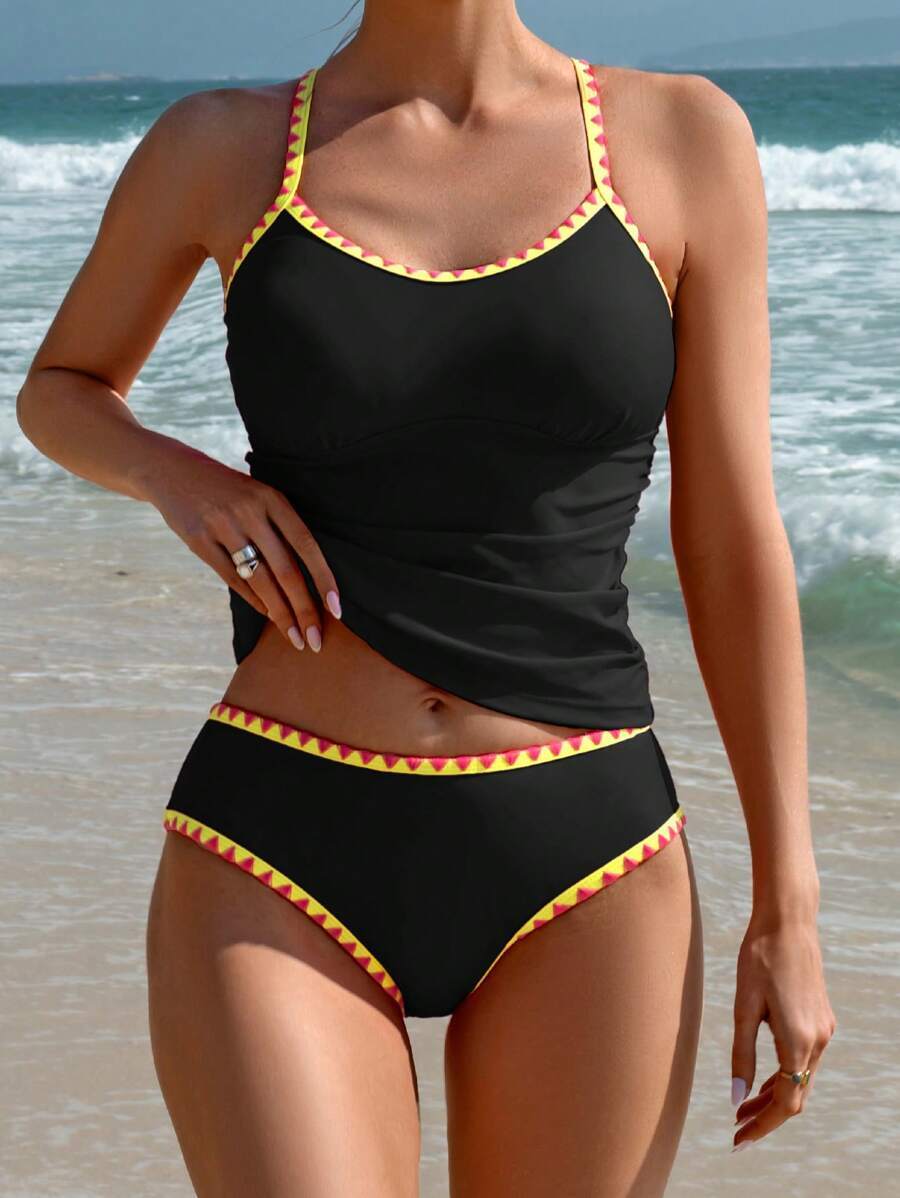 レディース 水着 ビキニセット 対比カラートリム タンキニビーチスイムウェア2点セット(レディース)拍卖