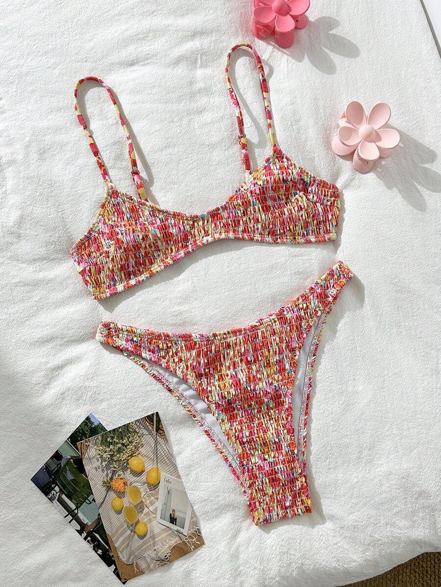 レディース 水着 ビキニセット 女性夏用 スパゲッティストラップ ビキニ ヴァケーション タイト カジュアル ランダムプリント 2拍卖