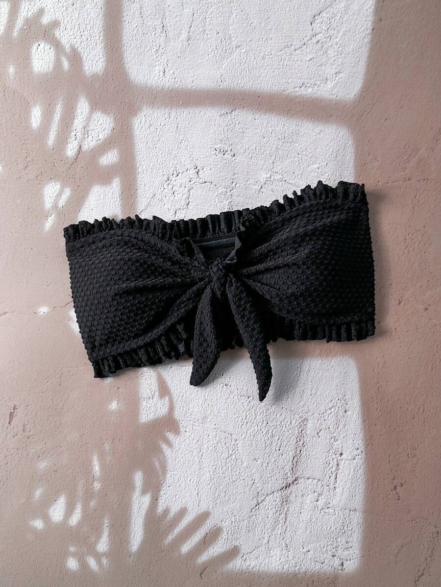 レディース 水着 トップス 水玉柄ファブリック バンドゥビキニトップ リボンとフリル付き拍卖