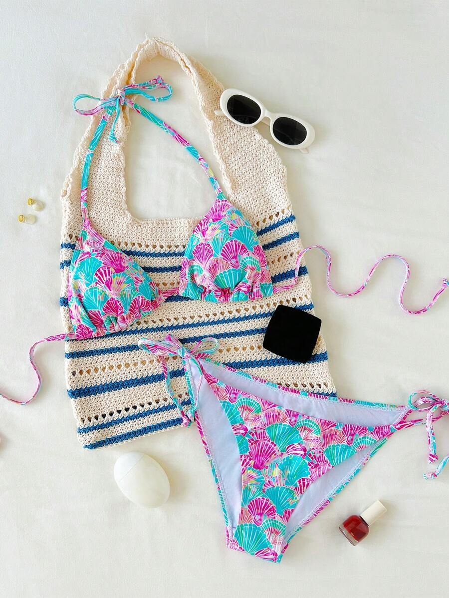 レディース 水着 ビキニセット ウィメンズ ビキニ2点セット、カジュアルビーチリゾートパーティーアウトフィット、貝殻模様、春夏用拍卖