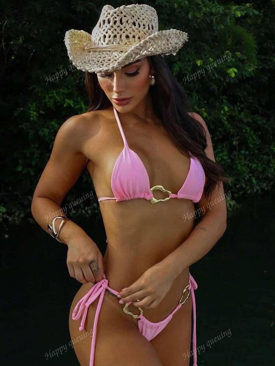 レディース 水着 ビキニセット 女性用 夏 ビーチ 無地 ホルターネック リボン付き セクシー ビキニ 2ピース水着セット拍卖