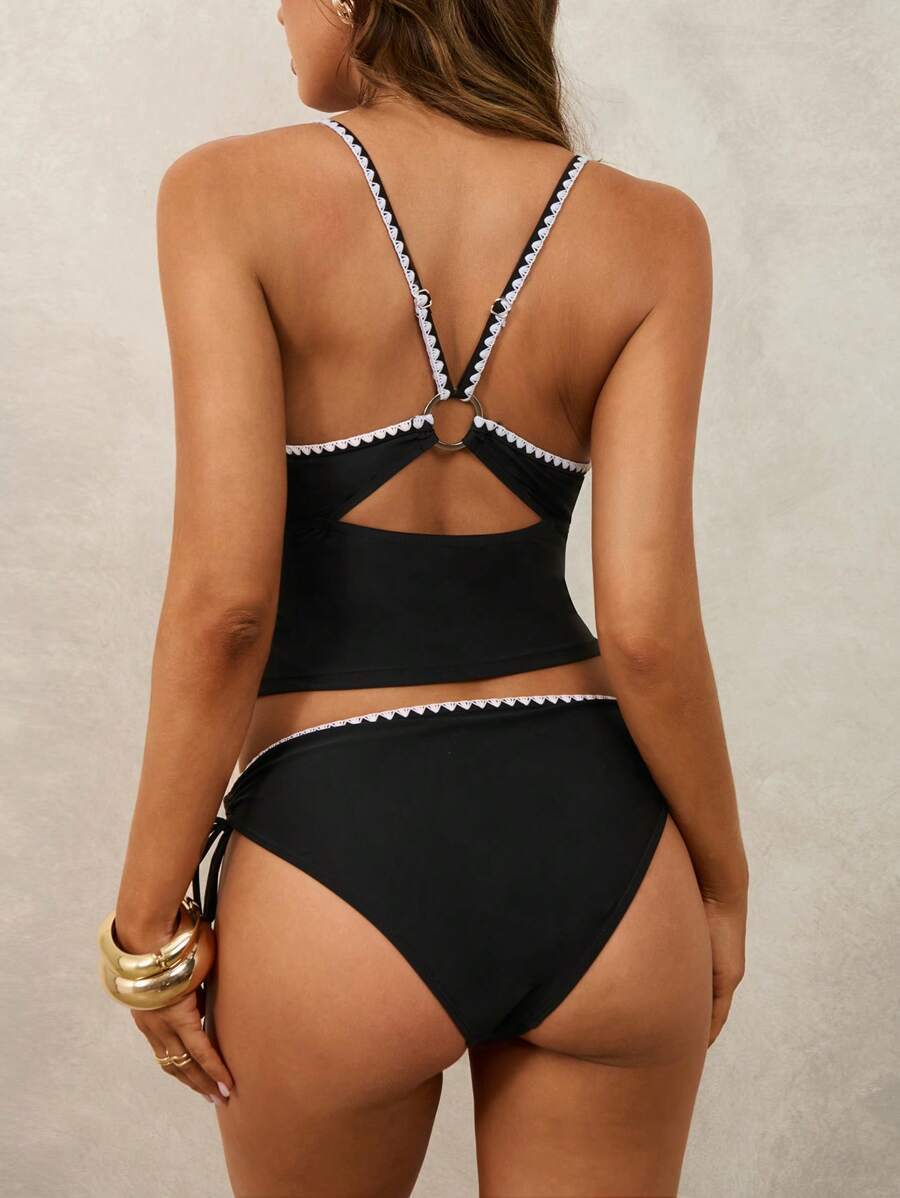 レディース 水着 ビキニセット 女性用 タッセル付きホルターネック スプリットタンキニ水着セット拍卖