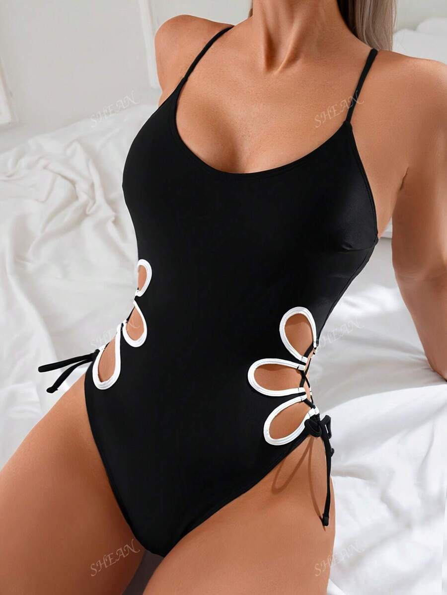 レディース 水着 ワンピース 1枚 レディースソリッドカラーホールアウト スパゲッティストラップワンピース水着、ファッショナブルで拍卖