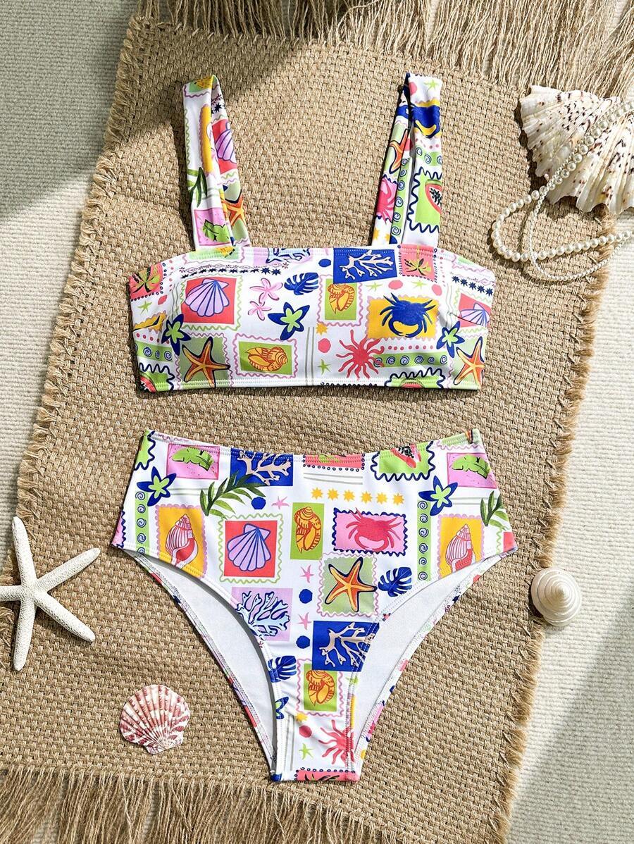レディース 水着 ビキニセット 女性夏用キュートな高ウエストフィットランダムフローラルプリントの2ピース水着、カジュアルビーチバケ拍卖