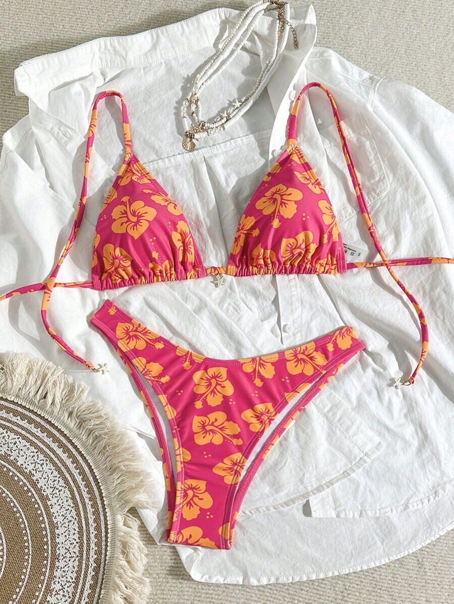 レディース 水着 ビキニセット レディース夏用 花柄プリント スターペンダント付きカジュアルビーチビキニセット拍卖