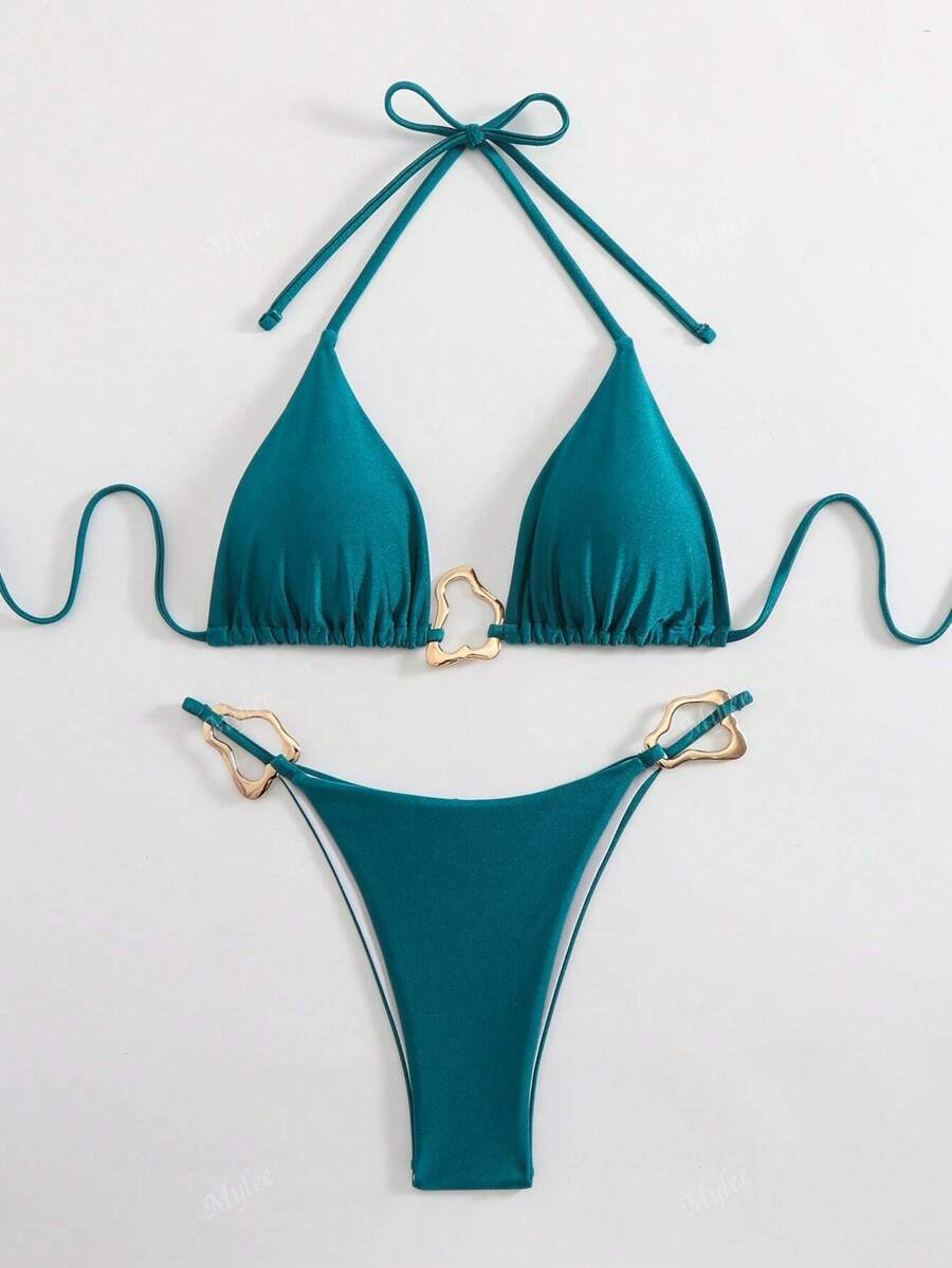 レディース 水着 ビキニセット 新作セクシーなヨーロッパ&アメリカンスタイルのビキニ、無地のストラップとメタルアクセントの2ピース拍卖