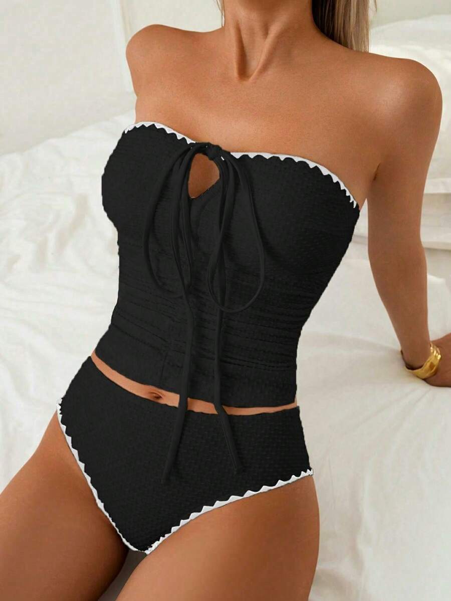 レディース 水着 ビキニセット ブラック バブルマテリアル プリーツ ざらざら エッジ キャミソール + トライアングルブリーフ拍卖