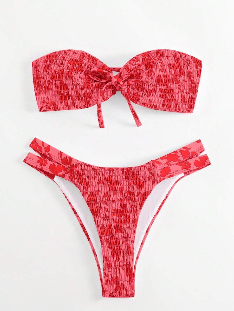 レディース 水着 ビキニセット 女性用 夏 ビーチ フローラル プリント ラップ バンドゥ セクシー ビキニ水着セット拍卖