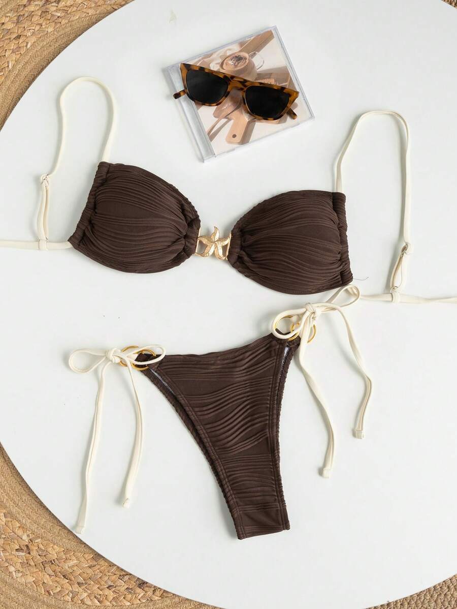 レディース 水着 ビキニセット 春休み 女性 夏ファッション 無地 バックレス ヒトデデザイン キャミソールトップ サイドタイ水着拍卖