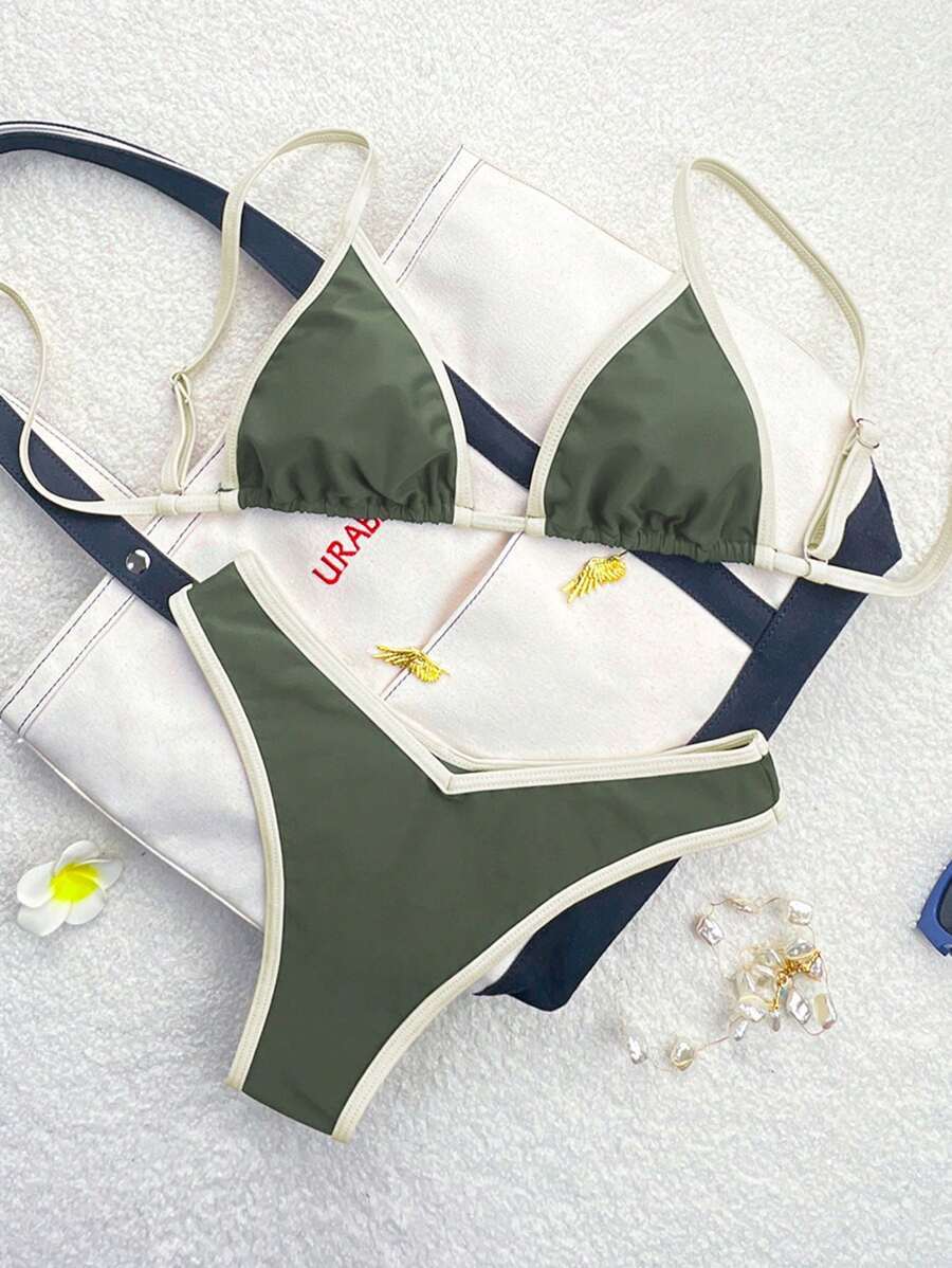 レディース 水着 ビキニセット 夏のスパゲッティストラップ ホルターネック 無地 対比色 セクシースプリット ビキニセット拍卖