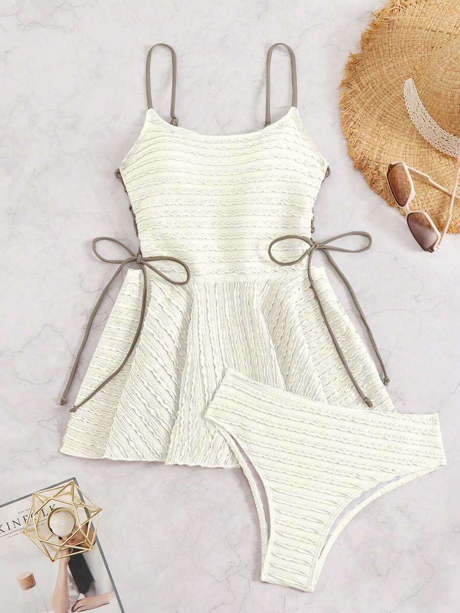 レディース 水着 ビキニセット スプリングブレイク ジャカード 編み 結び付き ドレスとトップ 2ピーススーツセット、ホリデーリゾ拍卖