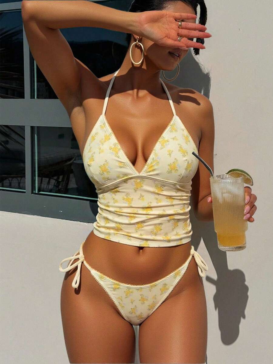 レディース 水着 ビキニセット 2枚セット 花柄プリント イエロープラ カジュアルビキニ、春夏ビーチパーティー拍卖