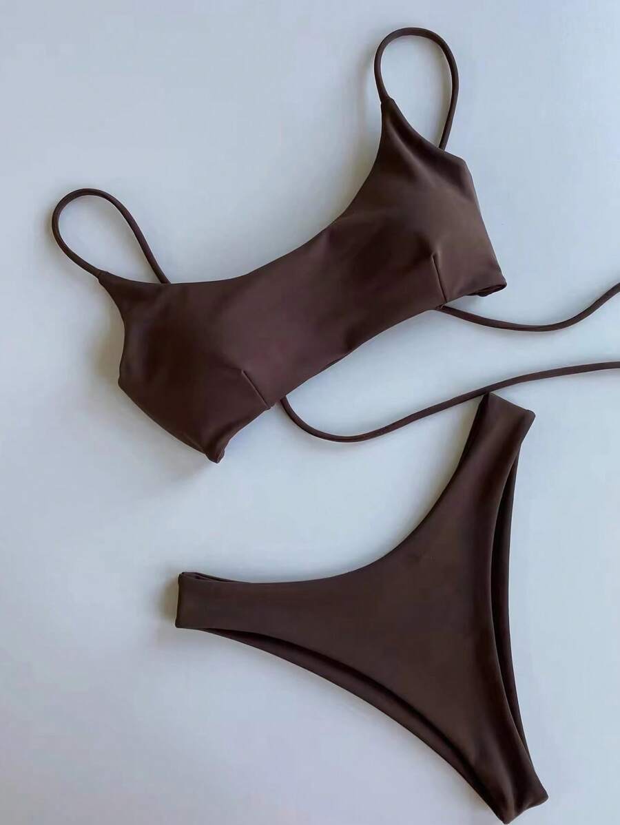 レディース 水着 ビキニセット セクシーなワンカラー スパゲッティストラップ オープンバックビキニ水着拍卖