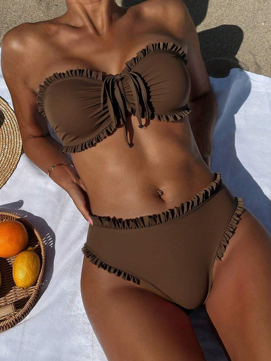 レディース 水着 ビキニセット 新作夏 無地バンドゥー ドローストリングフリルトリム カジュアル女の子ビーチビキニセット レディー拍卖