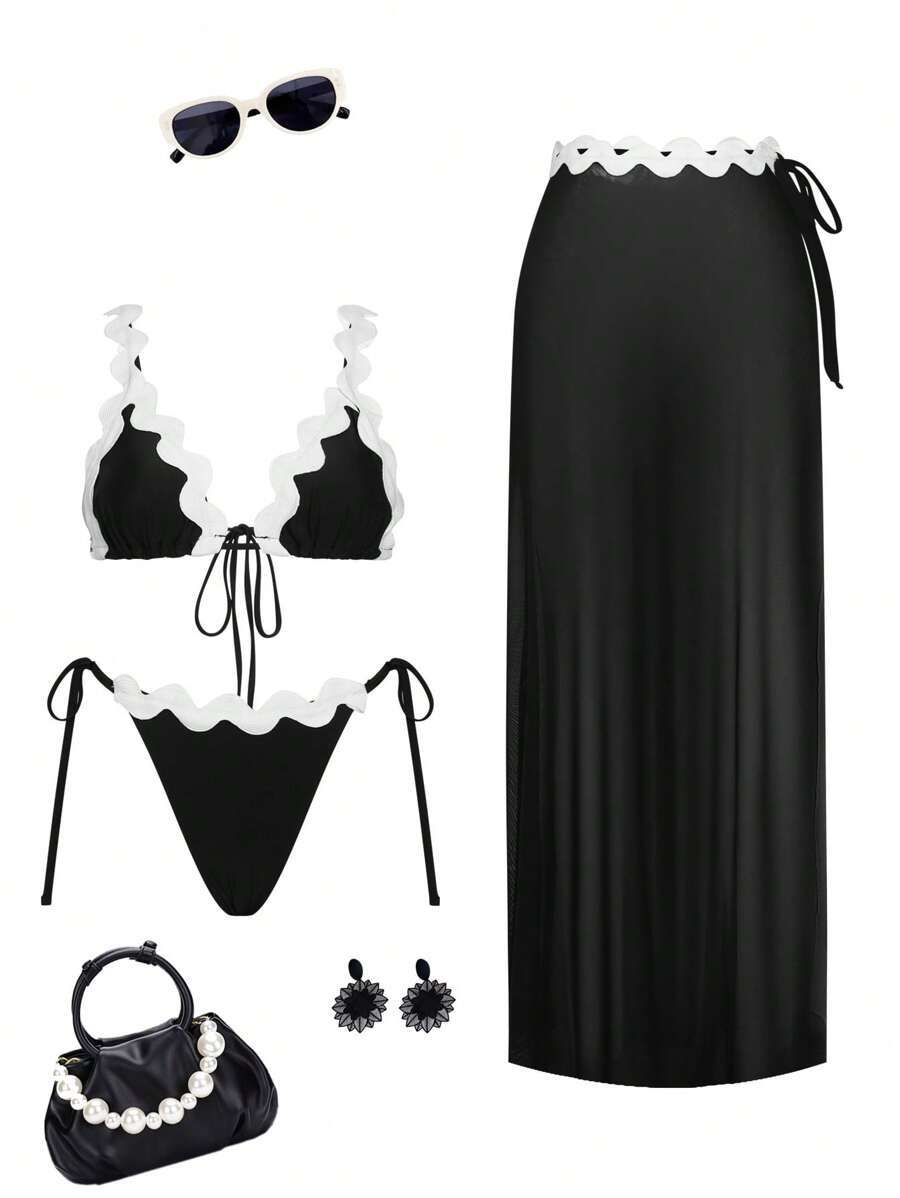 レディース 水着 ビキニセット 3個セット 白色のウーブンバンドトリミング、黒と白のコントラスト、シースルーのカバーアップ拍卖