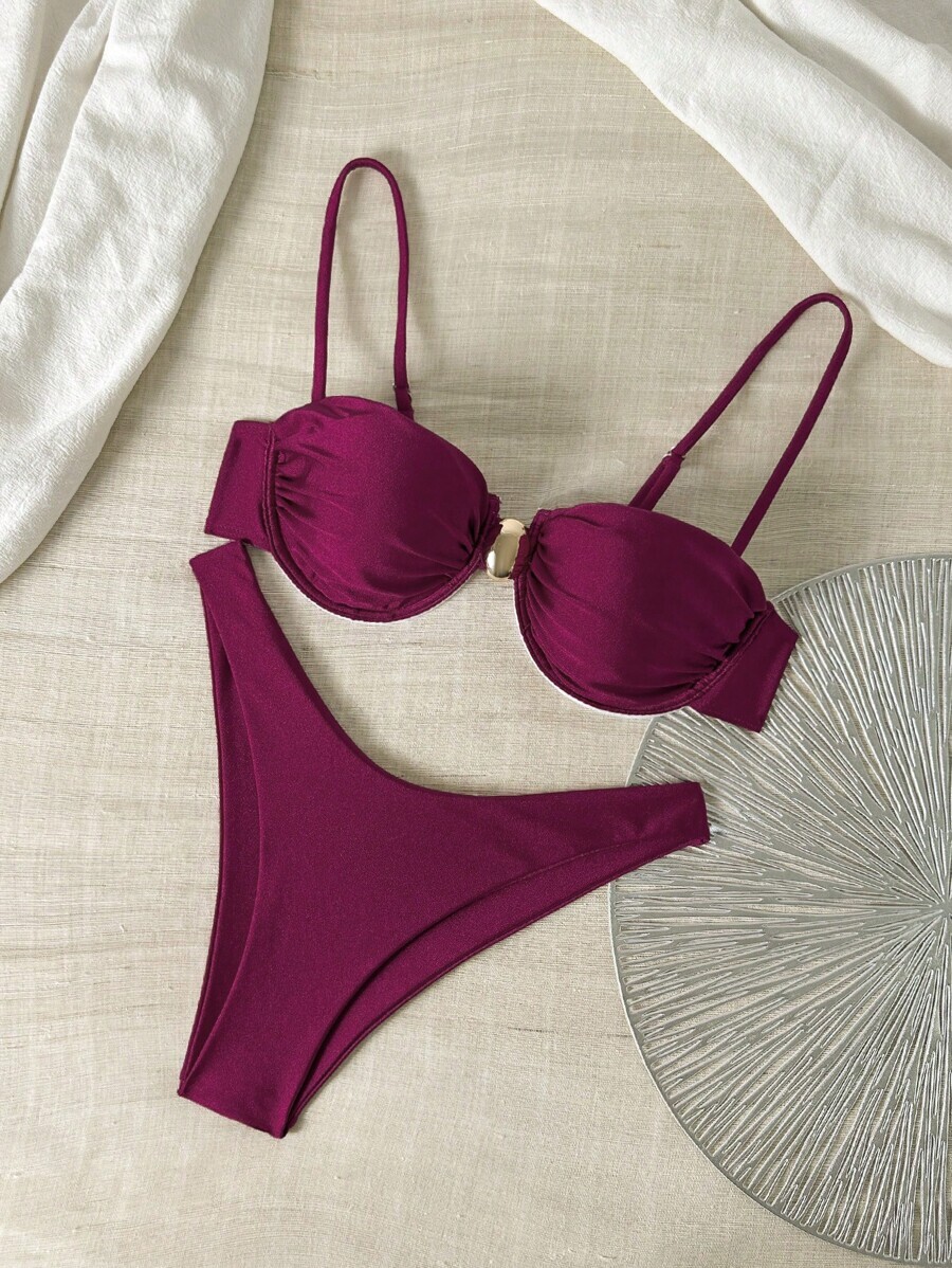 レディース 水着 ビキニセット ストラップ式 ワイヤー入り トップス&ビキニボトム 無地 レディース 水着セット拍卖