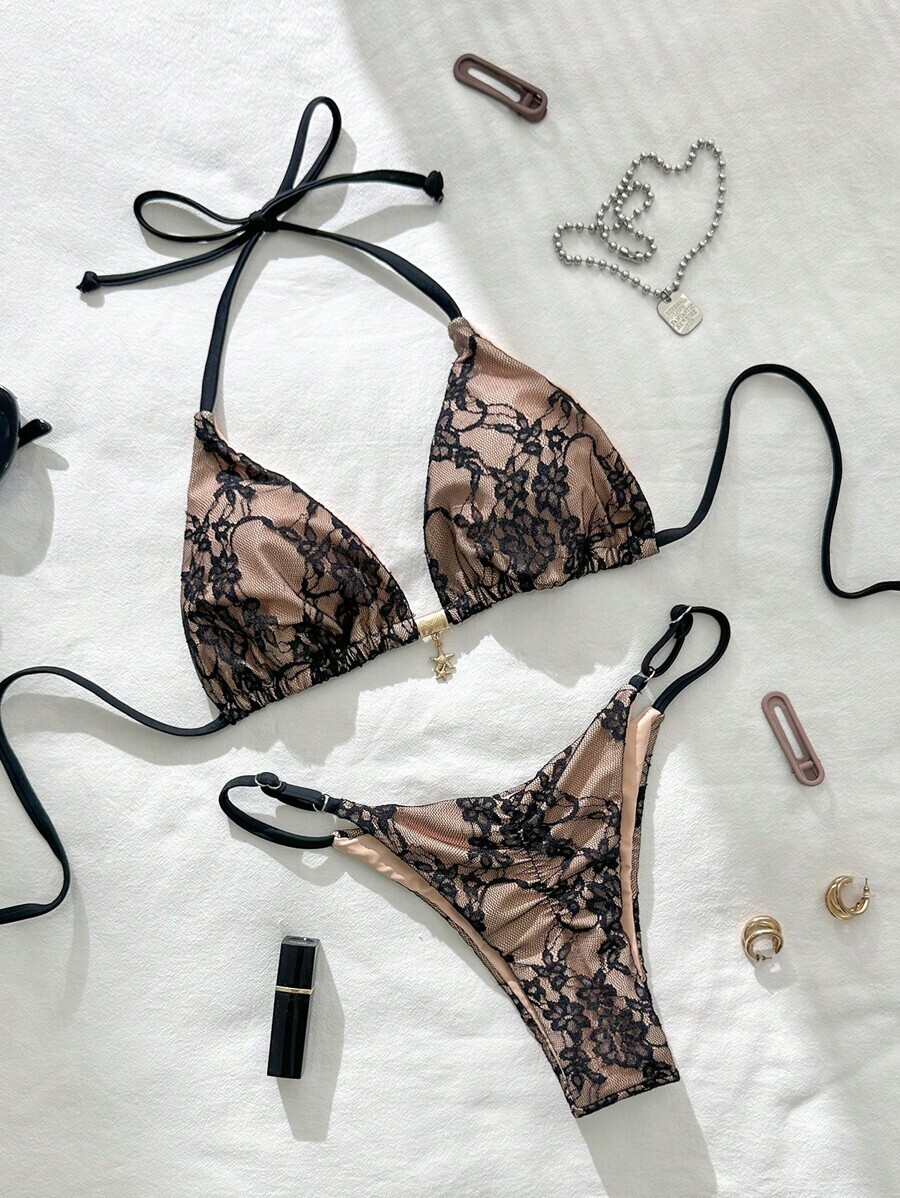 レディース 水着 ビキニセット 2個セット レースのメタリックデコレーション付きセクシースリーブレスホルターネックバックレスビキニ拍卖