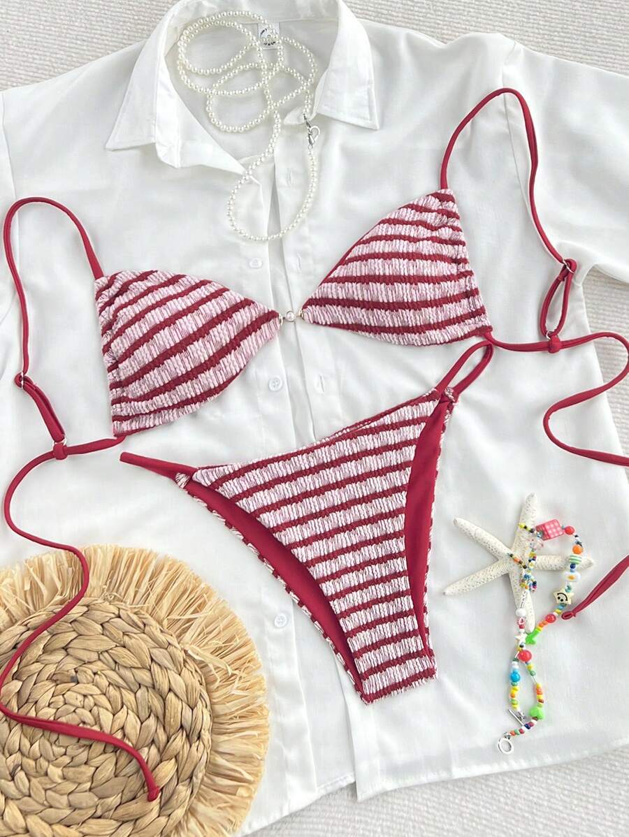 レディース 水着 ビキニセット レディースの新作 シンストラップ レッド&ホワイト テクスチャーパールボタンリンクサイド セクシー拍卖
