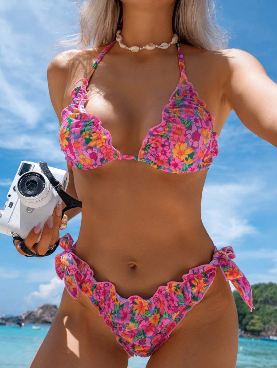 レディース 水着 ビキニセット 2点セット 新作夏 セクシーディジーフローラル リボン ホルターネック クロスバック トライアング拍卖